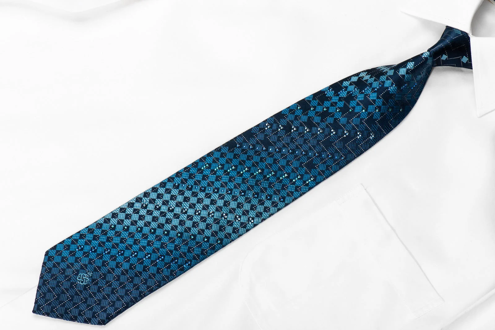 Yezak Men's Crystal Silk Necktie Blue Checkered With Silver Sparkles - Image 2