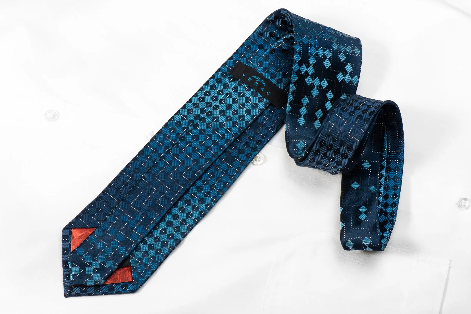 Yezak Men's Crystal Silk Necktie Blue Checkered With Silver Sparkles - Image 4
