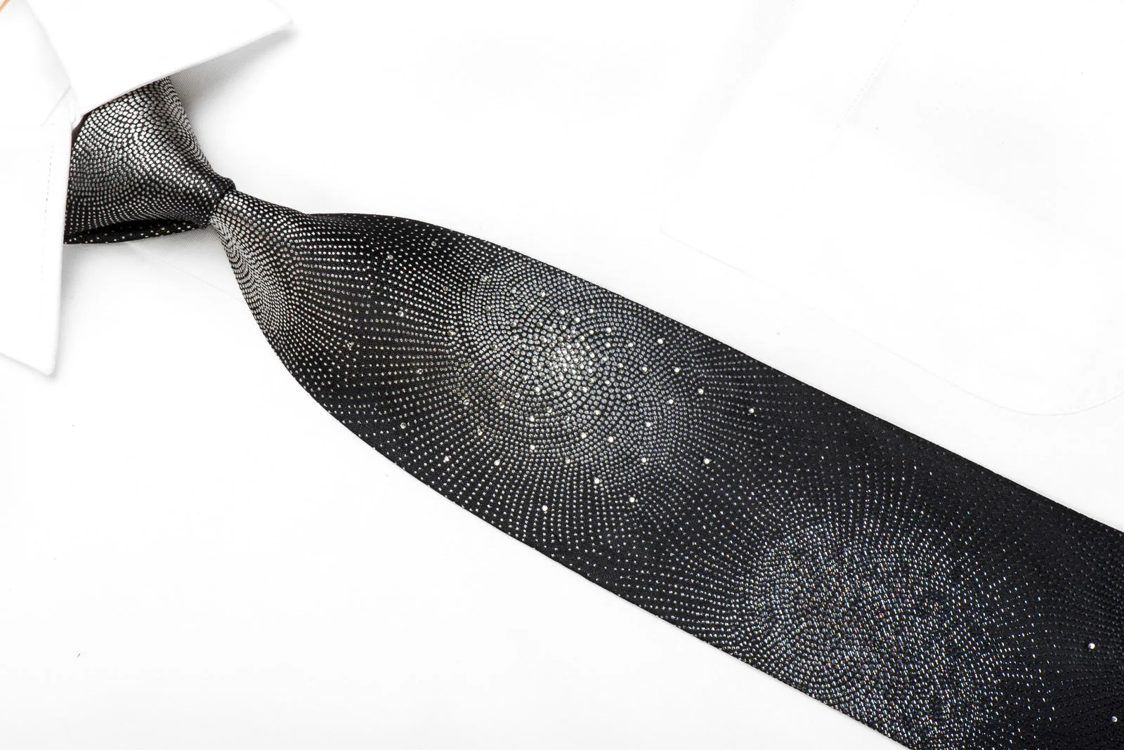 Yezak Men's Crystal Silk Necktie Silver Geometric On Black With Silver Sparkles - Image 2