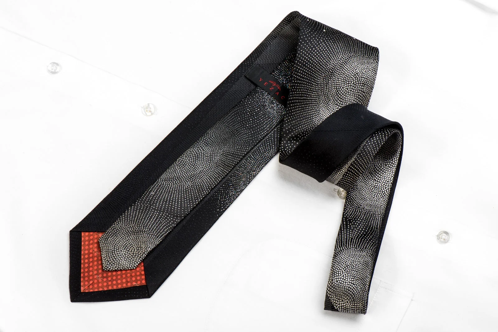 Yezak Men's Crystal Silk Necktie Silver Geometric On Black With Silver Sparkles - Image 6