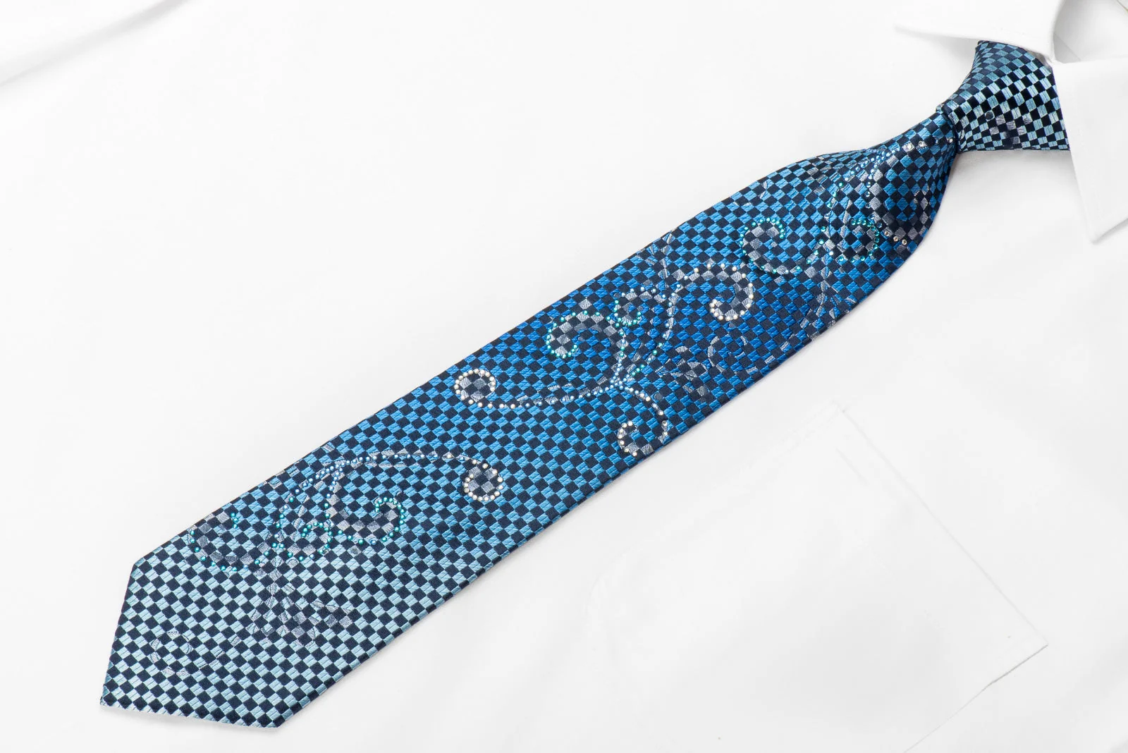 Yezak Men's Crystal Silk Tie Blue Navy Scrolls & Checker With Silver Sparkles - Image 2