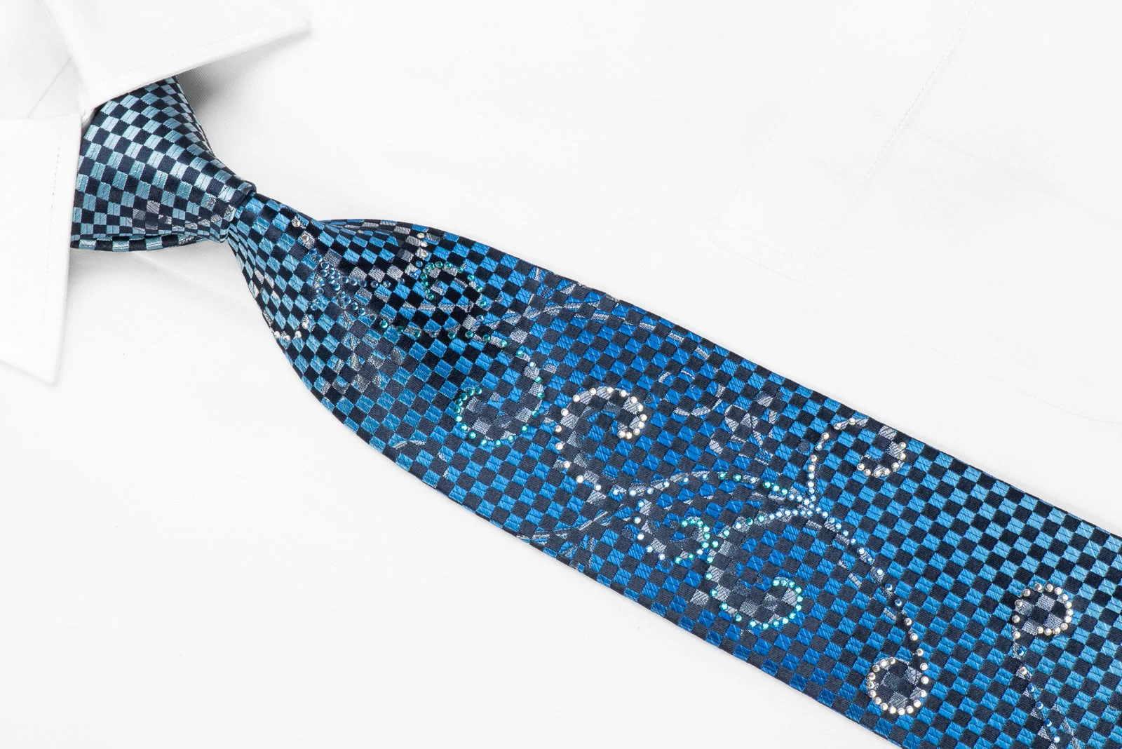 Yezak Men's Crystal Silk Tie Blue Navy Scrolls & Checker With Silver Sparkles - Image 3