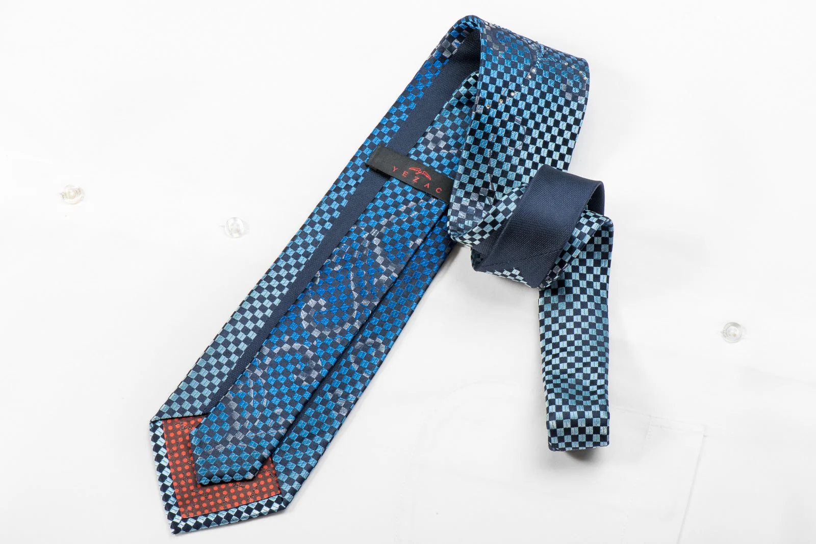 Yezak Men's Crystal Silk Tie Blue Navy Scrolls & Checker With Silver Sparkles - Image 4