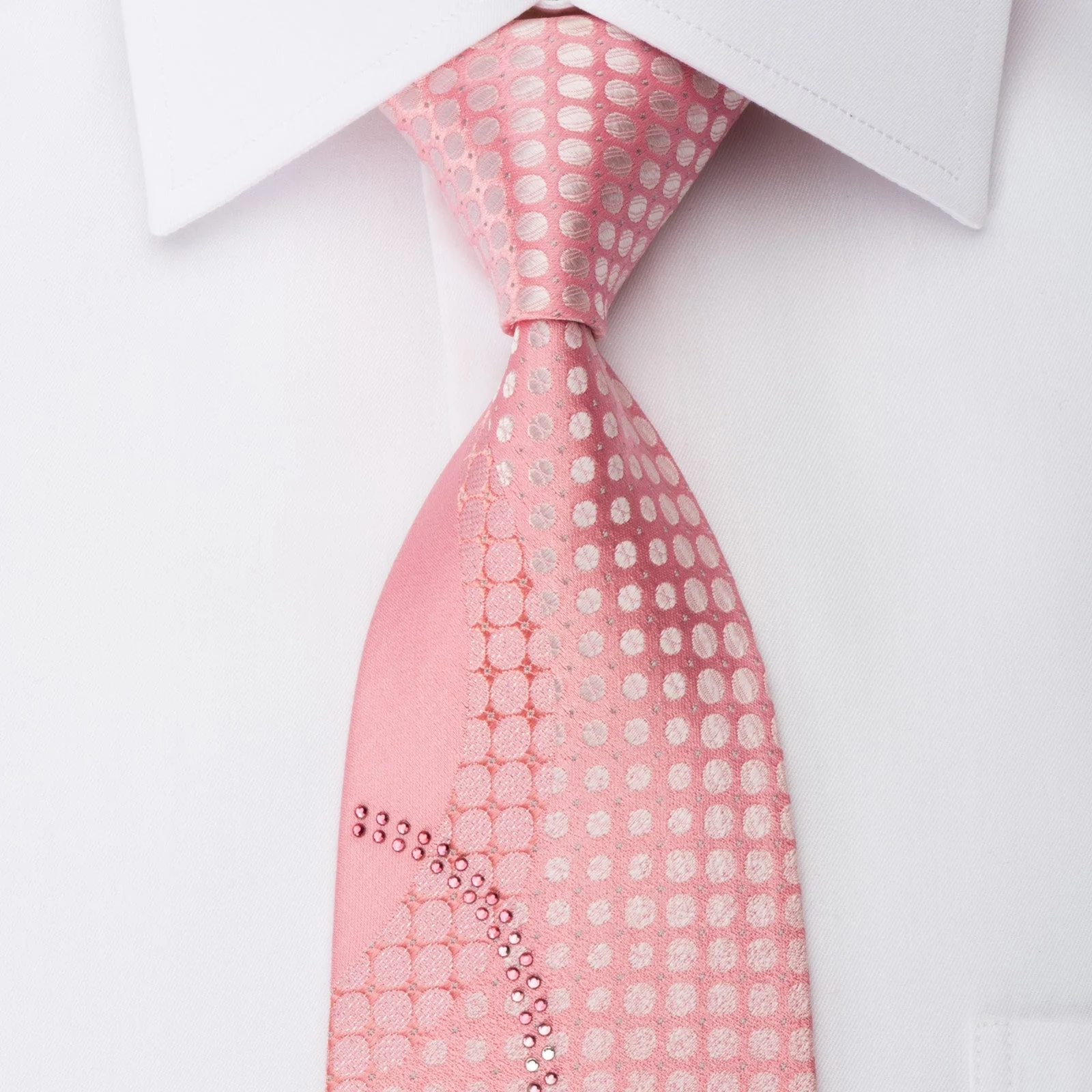 Yezak Men's Rhinestone Silk Necktie Geometric Curls On Pink With Silver Sparkles - Image 6