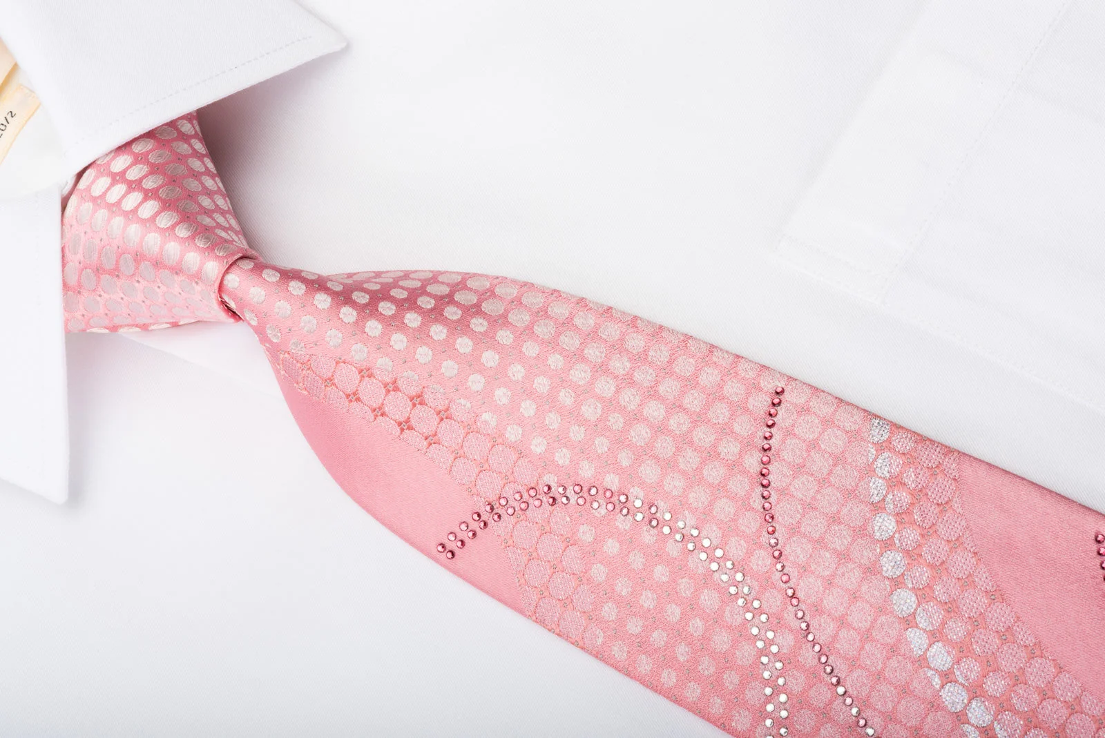 Yezak Men's Rhinestone Silk Necktie Geometric Curls On Pink With Silver Sparkles - Image 8