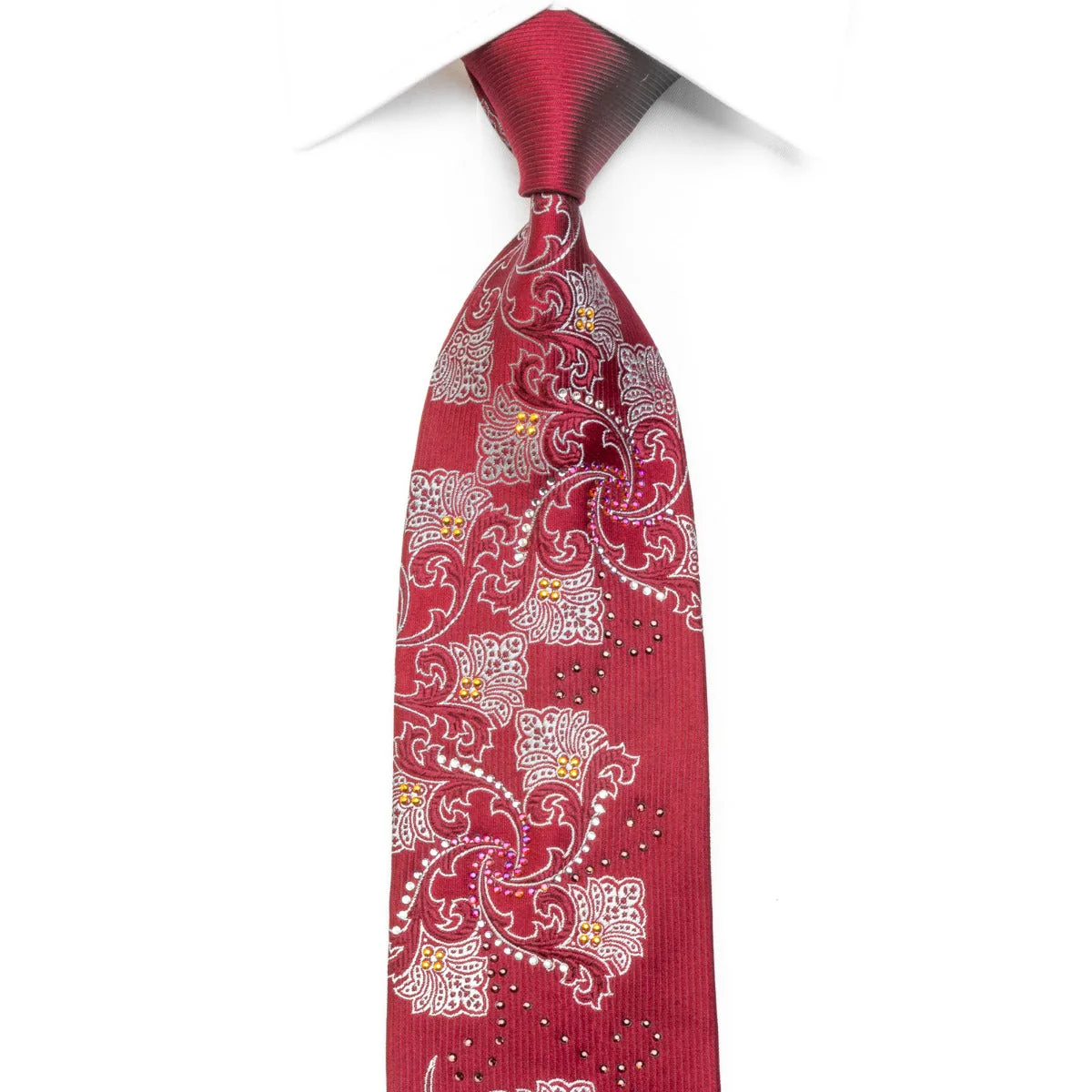Yezak Men's Silk Rhinestone Necktie Anthemion On Burgundy