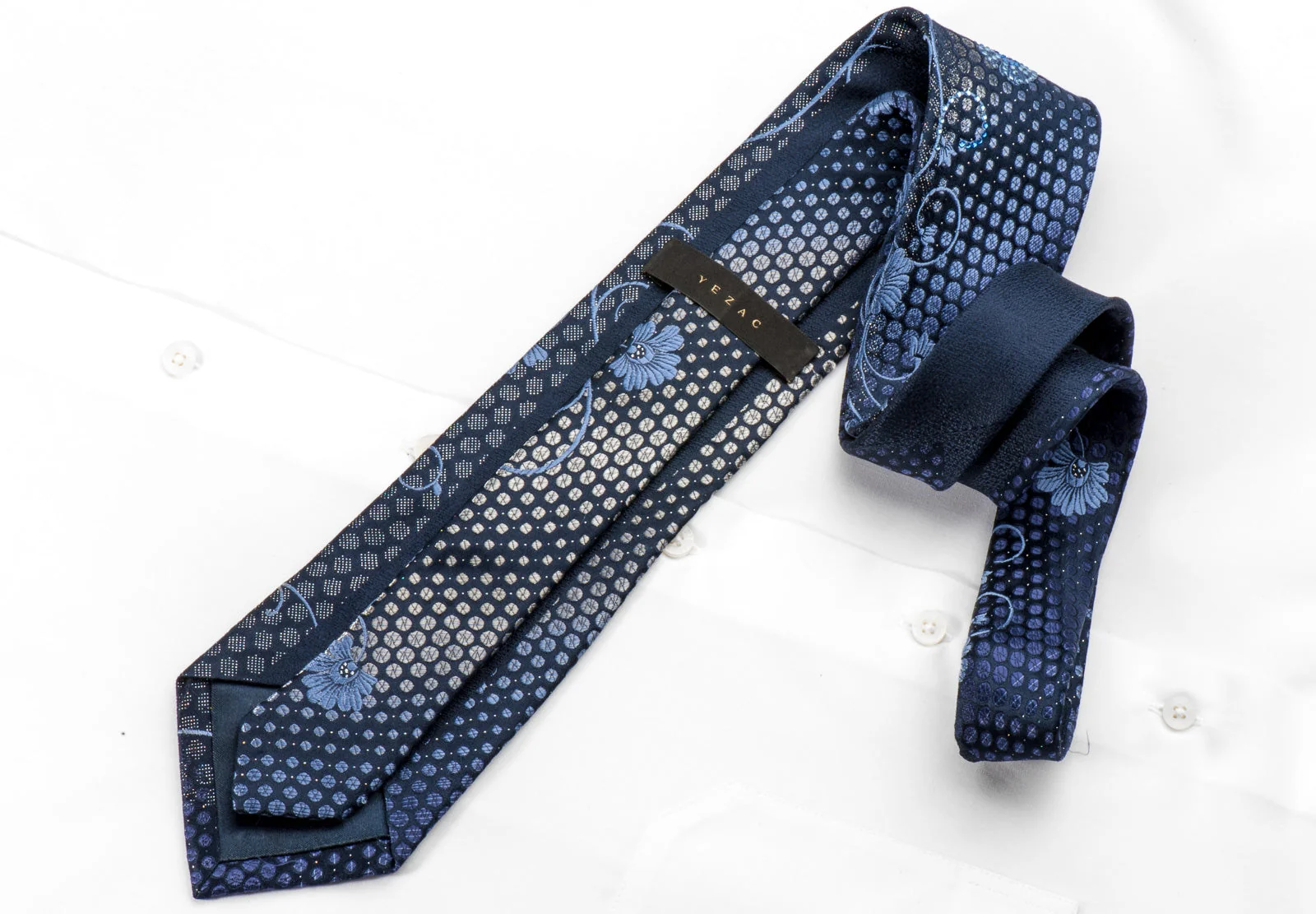 Yezak Men's Silk Rhinestone Tie Dots & Floral On Blue With Silver Sparkles - Image 3