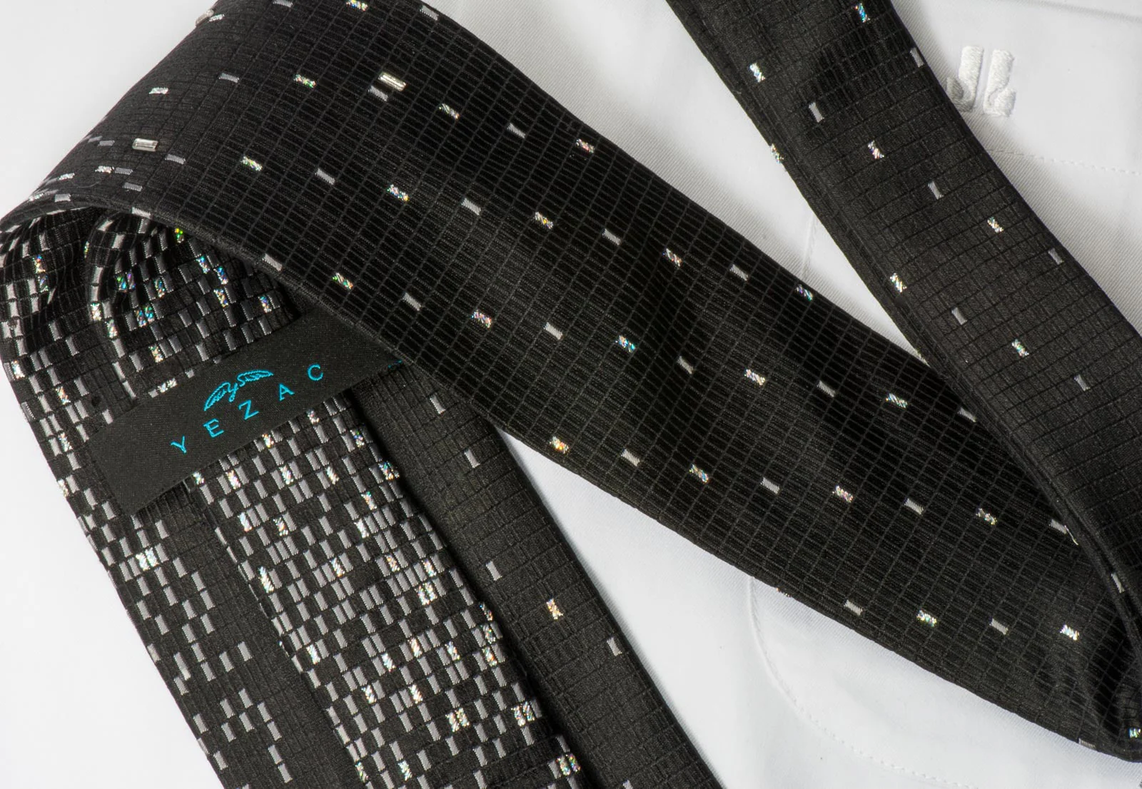 Yezak Men's Silk Tie Silver Geometric Martix On Black With Silver Sparkles - Image 5