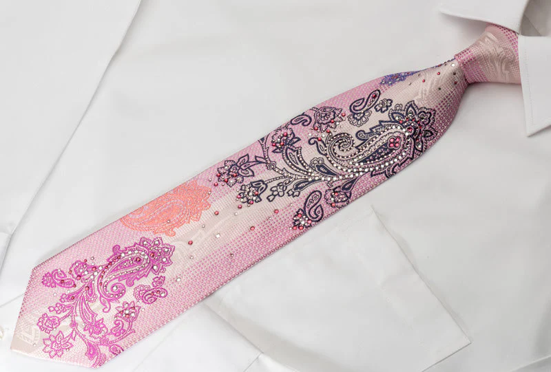 Yezak Mens Woven Silk Rhinestone Necktie Paisley On Pink - Image 2