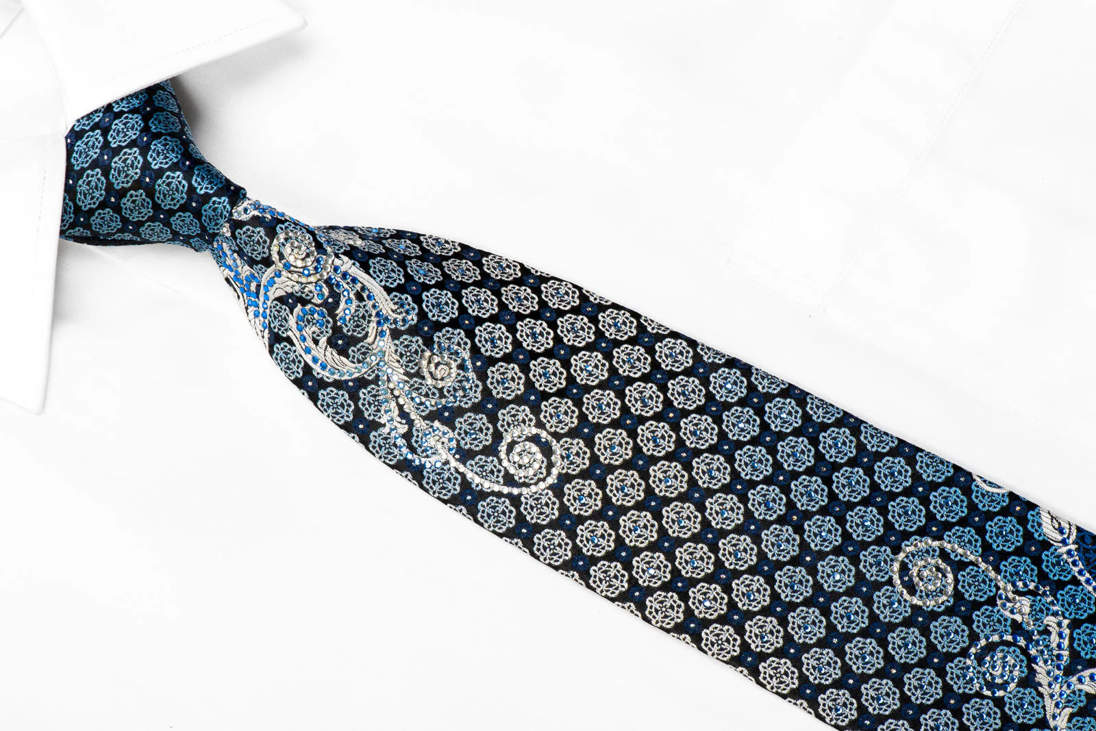 Yezak Rhinestone Silk Necktie Silver Scrolls Blue Cartouche On Black With Sparkles - Image 2
