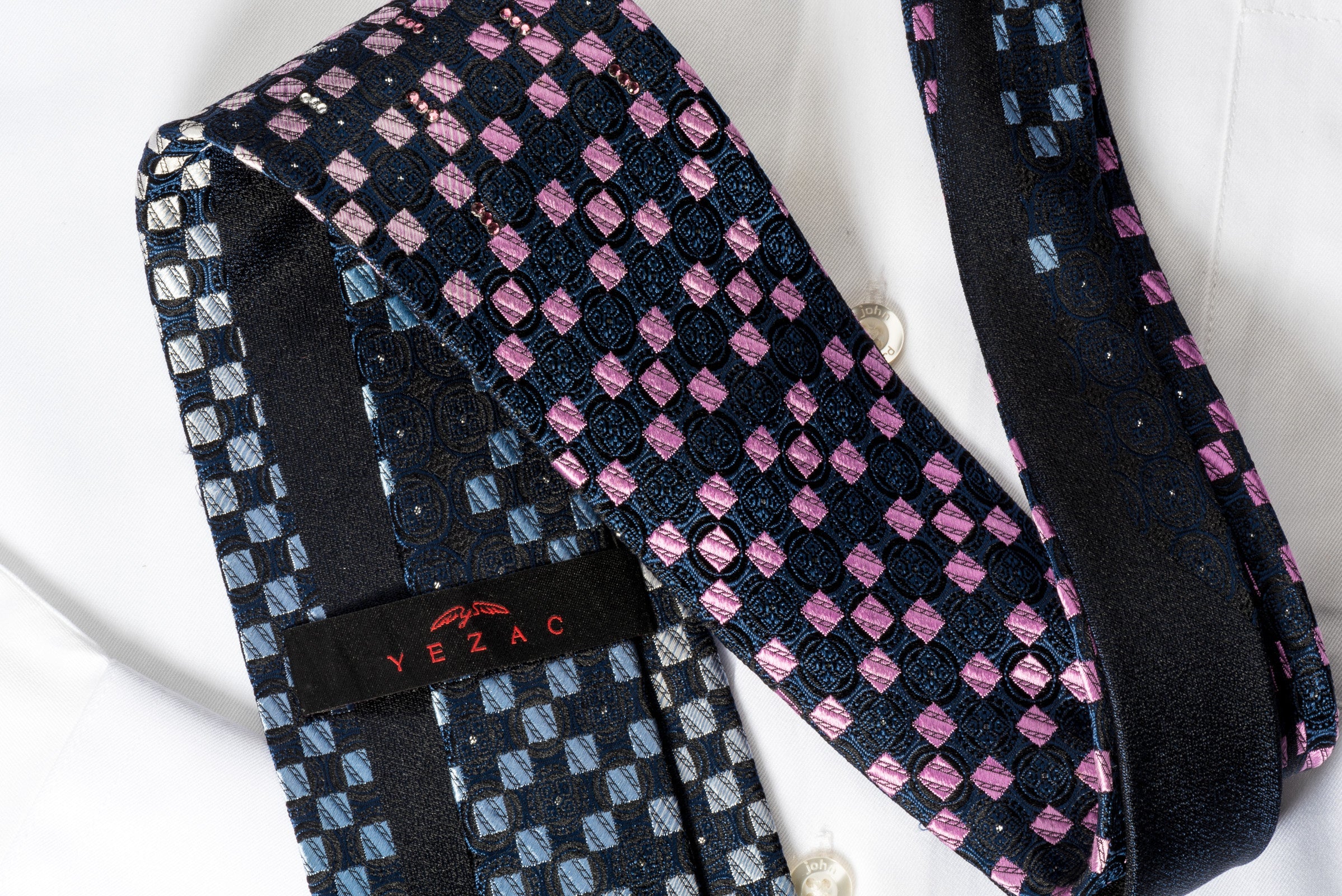 Yezak Silk Rhinestone Necktie Pink Silver Checker On Blue With Sparkles - Image 3